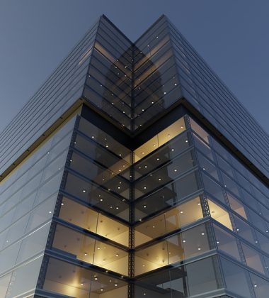Low angle view of generic modern office skyscrapers ,high rise buildings with glass facades . Concepts of finances and economics background. 3d rendering .
